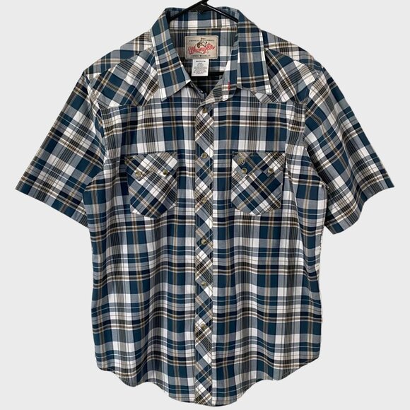 Wrangler Western Pearl-Snap Shirt Blue Plaid Men's Large Short-Sleeve Button-Up - Picture 1 of 10